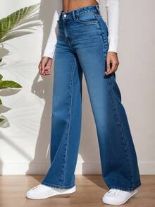 Pantalón Mezclilla Mujer Corte Cintura Alta Wide Leg - Azul lavado medio - Ver 3