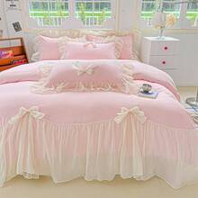 MOOWOO Chic Lace & Bow Comforter Set For Women | Ruffled Bedding Collection With Pillowcases |  Home Elegance,Pink - Hồng - Xem 9