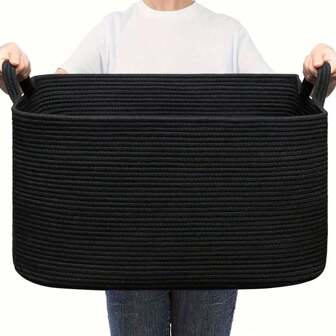 Inwagui 1pc Large Rectangular Contemporary Woven Rope Storage Basket With Handle - Various Room Types, No Lining, Laundry Basket