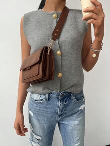 Minimalist Solid Color Knit Vest Cardigan, Round Neck Fashion Sweater, Versatile Casual Style - Dark Grey - View 1