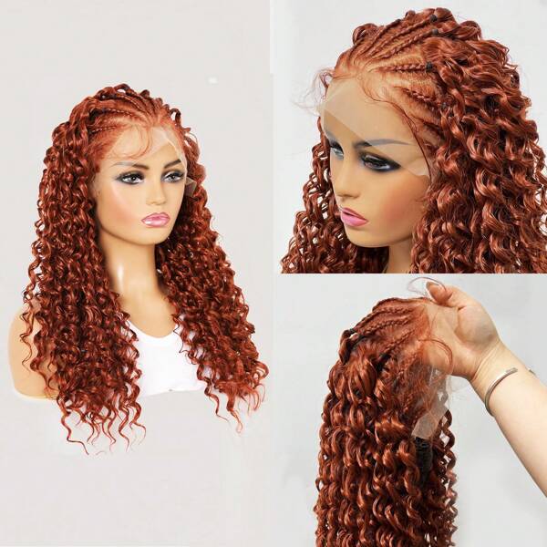 26 Inches Orange Long Synthetic Lace Front Braids Curly Gluless Wigs With Baby Hair Orange Wig