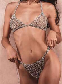 Haut de bikini coquille de mer sans dos ajustable Y2K, brassière de plage avec chaîne de corps de coquillage de sirène, parure de soleil de 1 pièce avec strass de coquilles de sirène - or