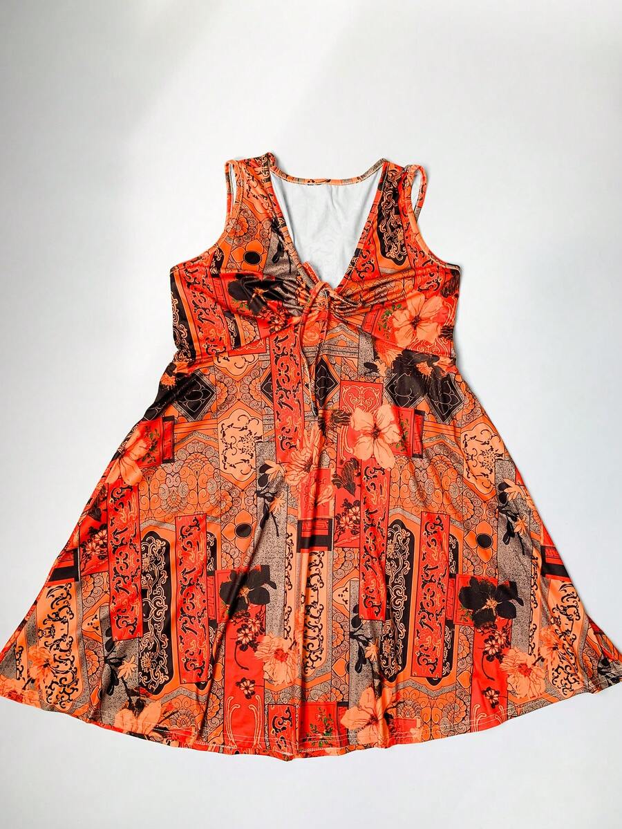 Vestiti floreali vintage con dettaglio annodato di taglia grande, vestito canotta stile bohémien alla moda, vestiti casual estivi da donna, outfit da vacanza alla moda per donne, vestiti vintage da donna - Rosso - Visualizzare 1