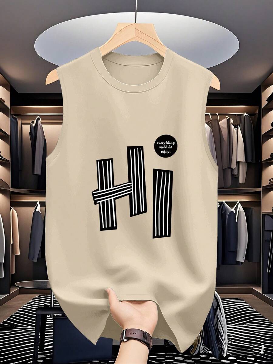 Men's Letter Print Casual Loose Fit Round Neck Tank Top, Summer - Apricot - View 1