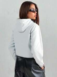 女士短款外套，春季轻便连帽多口袋拉链休闲户外外套 - 淺灰色 - 查看 2