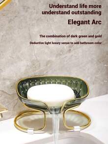 Light Luxury Elegant Green And Gold Soap Dish With Metal Frame - Rectangular Plastic Soap Dish For Bathroom Storage, Stylish Design Bathroom Accessories Bathroom Organizer Back To School - Multicolor - View 2