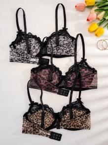 3pcs Women's Solid Color Lace & Leopard Print Padded Bra, Comfortable Lingerie - Multicolor - View 2