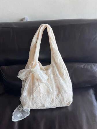 Korean Style Minimalist Lace Flower Canvas Tote Bag, Large Capacity Gentle Ladylike Shoulder Crossbody Bag For Commuting