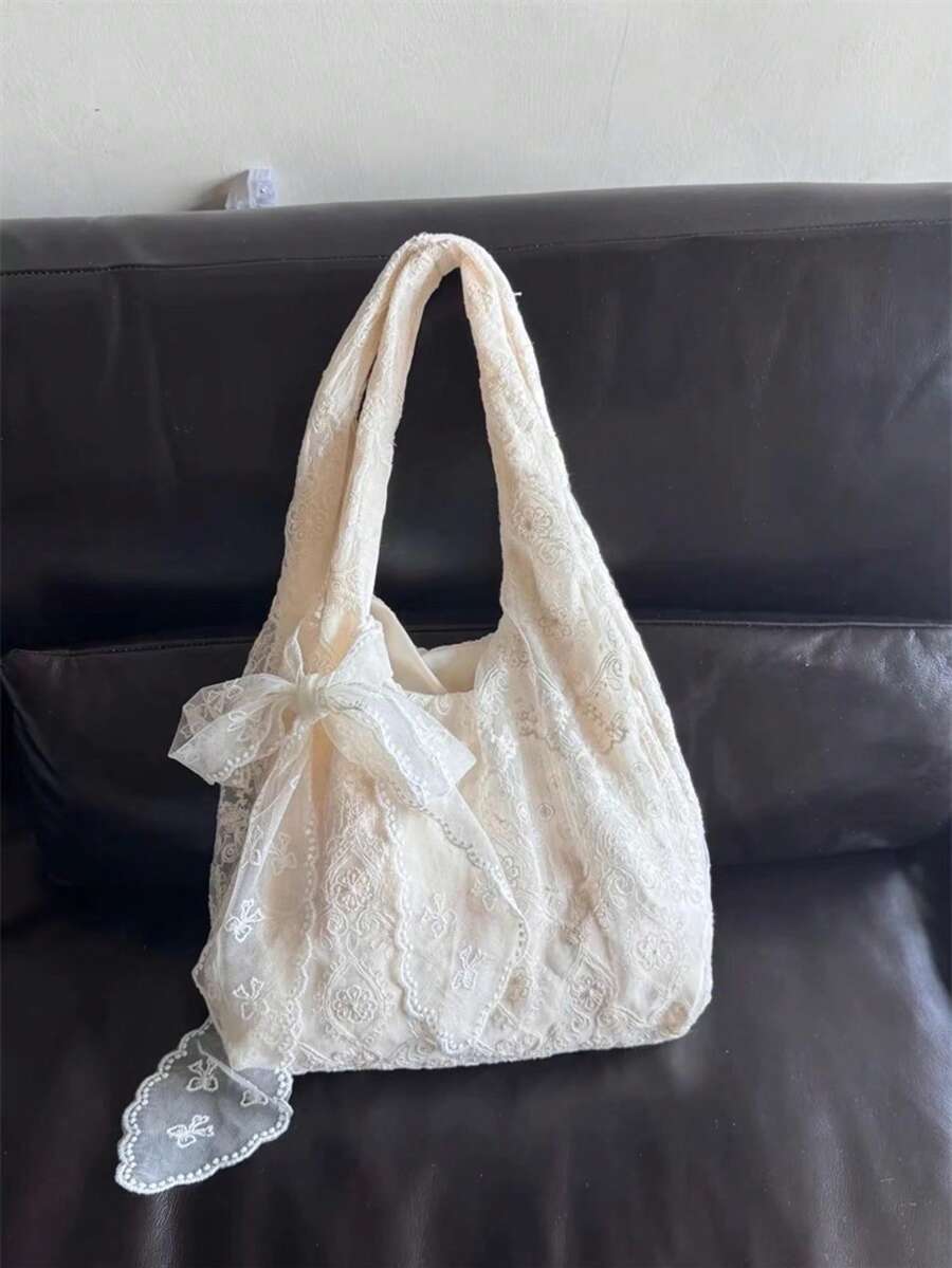 韩版简约蕾丝花帆布托特包大容量温柔淑女单肩斜挎包通勤包 - 白色 - 查看 1