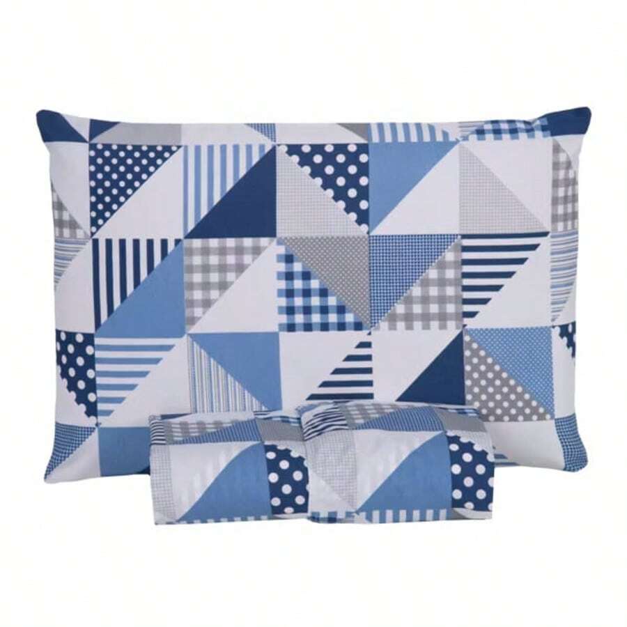 Single Sheet Set With 2 Pieces Printed Cotton Fabric With Elastic All Around And Pillowcase In Matchstick Stitch - 青碧色 - 查看 1