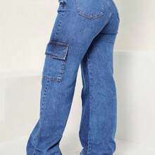 Women's Wide Leg Cargo Jeans High Waist - 藍色 - 查看 6