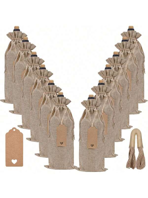 6/12set Premium Burlap Wine Bags Gift Tags, Reusable Wine Gift Bags With Drawstrings, Wine Bottle Bags, Wine Bags For Wedding, Birthday, Blind Tastings, Christmas,Party, Home Storage
