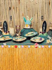 1 件稻草黄色卢奥草桌裙，夏威夷桌裙，适合热带夏威夷卢奥服装派对装饰 - 卡其色 - 查看 2