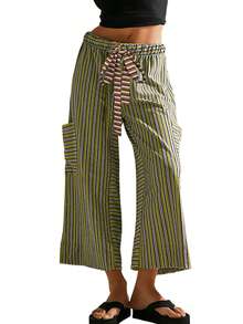 Women's Drawstring Striped Trousers Loose Wide Leg Casual Trousers Casual Paraiso Trousers With Pockets Trousers - 橄欖綠 - 查看 1