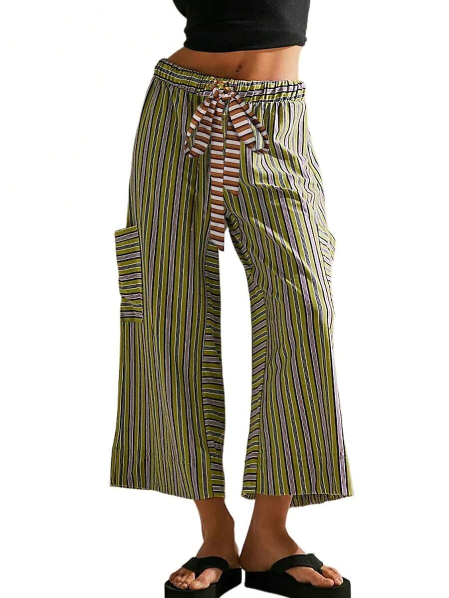Women's Drawstring Striped Trousers Loose Wide Leg Casual Trousers Casual Paraiso Trousers With Pockets Trousers - 橄欖綠 - 查看 1