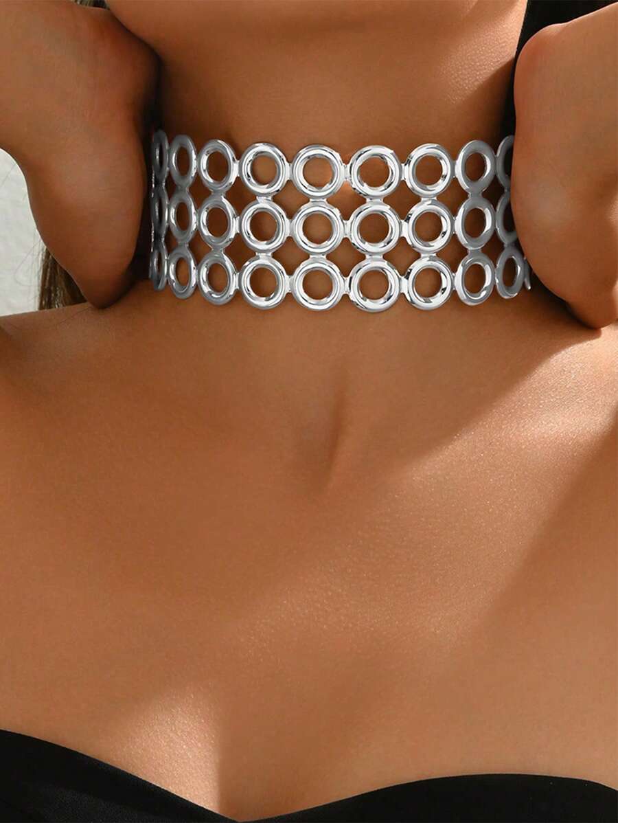 1pc African Exaggerated Metal Geometric Hollow Design Wide Collar Necklace, Creative Neck Ornament, Versatile Accessory For Spring/Summer