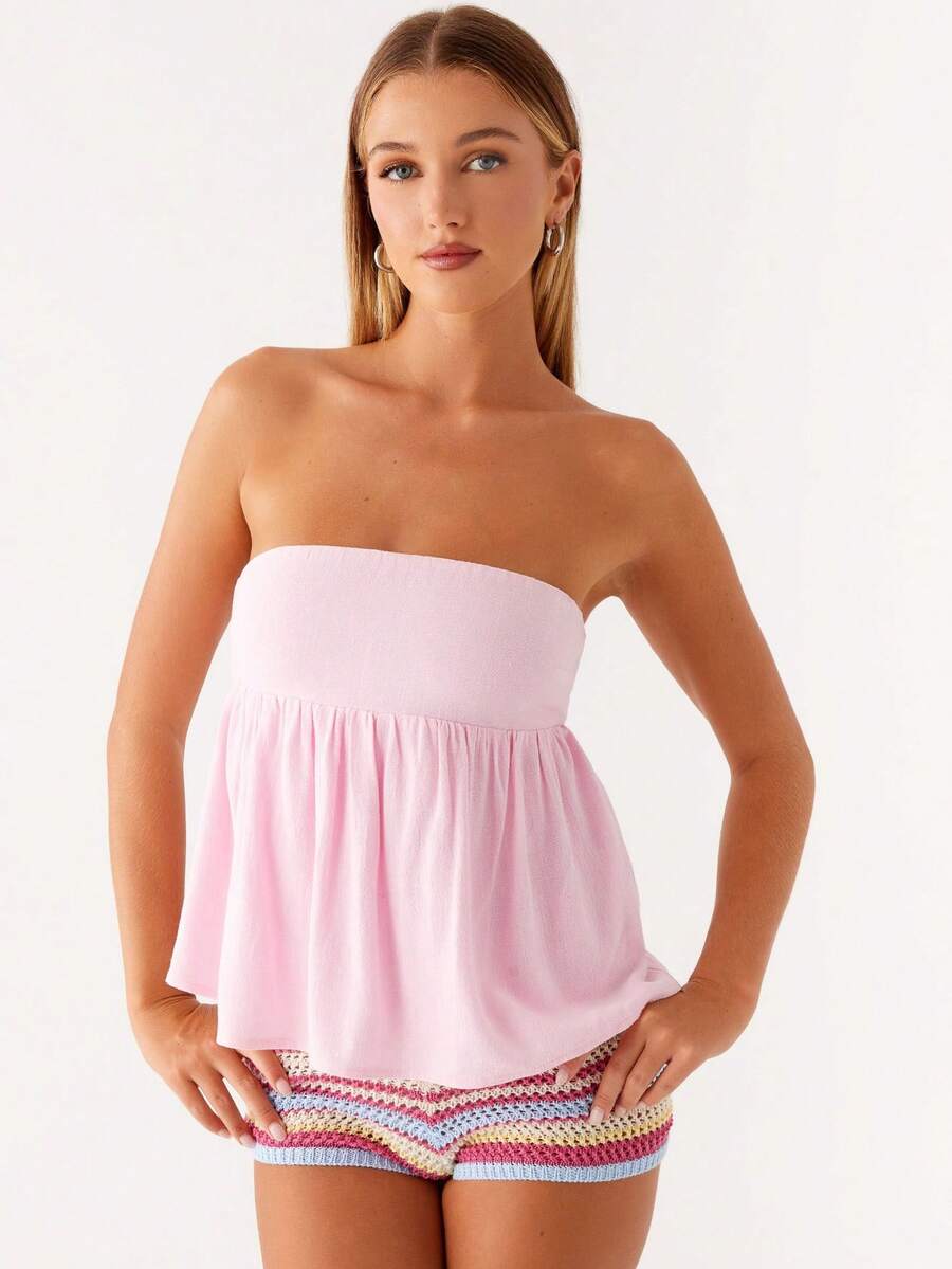 Women Off Shoulder Strechable Pure Color A-Line Loose Hem Tube Tops - Hồng - Xem 1