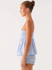 Women Summer Flowy Tube Top Y2k Solid Color Strapless Off The Shoulder Loose Fit Babydoll Bandeau Crop Tops Backless Sleeveless Going Out Tops Vests Shirts Casual Streetwear - Màu xanh lam - Xem 4