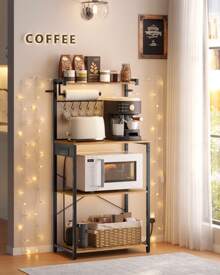 VASAGLE Kitchen Bakers Rack With Power Outlet, 4-Tier Coffee Bar With Adjustable Shelf, Microwave Stand, Paper Towel Holder, 40 X 60 X 140 Cm, Rustic Brown And Ink Black