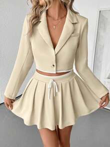 白色和杏色撞色长袖单扣短款西装外套和百褶裙两件套休闲通勤老款风格新款女装 - 淺杏色 - 查看 6