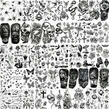 48 Sheets 3D Small Temporary Tattoos For Women Neck Arm Temp Tiny Halloween Tattoo Stickers Men Spider Cross Scorpion Snake Tiger Lion, Flower Ghost Skull Fake Tatoos Acnhor - Black - View 1