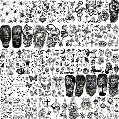 48 Sheets 3D Small Temporary Tattoos For Women Neck Arm Temp Tiny Halloween Tattoo Stickers Men Spider Cross Scorpion Snake Tiger Lion, Flower Ghost Skull Fake Tatoos Acnhor