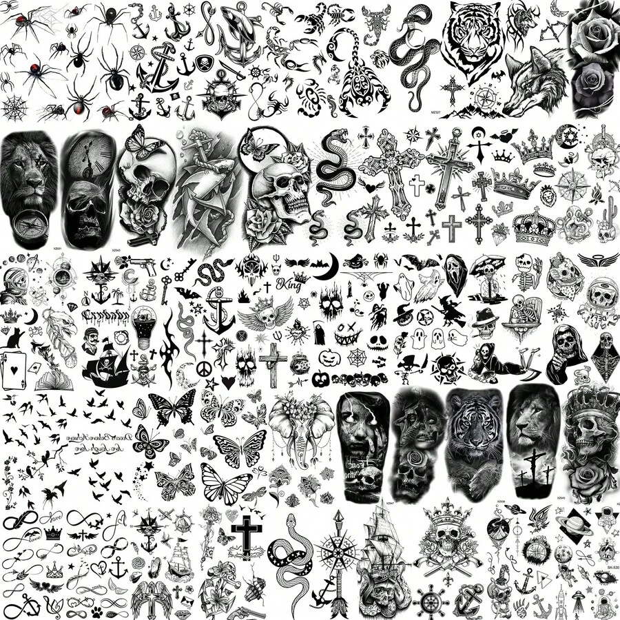 48 Sheets 3D Small Temporary Tattoos For Women Neck Arm Temp Tiny Halloween Tattoo Stickers Men Spider Cross Scorpion Snake Tiger Lion, Flower Ghost Skull Fake Tatoos Acnhor - Black - View 1