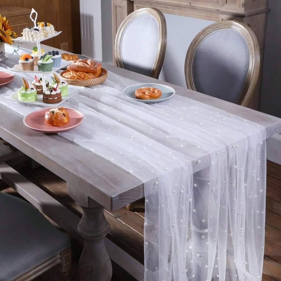 1pc Pearl Chiffon Table Runner, Elegant & Romantic Design, Suitable For Multiple Occasions