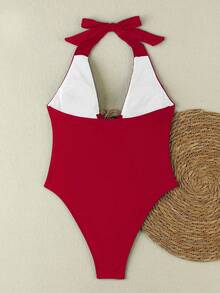 欧美风性感纯色V领挂脖连体泳衣，金属装饰，女士度假海滩装扮 - 紅色 - 查看 4