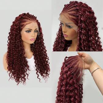 26 Inches Long Synthetic Lace Front Braids Curly Gluless Wigs With Baby Hair Burdungy Wig