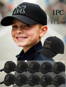 1pc A-Z Letter Kids Baseball Cap, Solid Color Boys Girls Baby Sun Hat, Adjustable Toddler Hip Hop Cap - Black - View 1