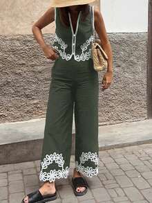 Ensemble 2 pièces femme style bohème, top sans manches avec broderie de dentelle et pantalon large - Militaire verte - Voir 6