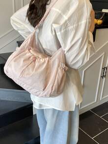 女士云褶抽绳单肩包斜挎包腋下包 - 粉色 - 查看 6