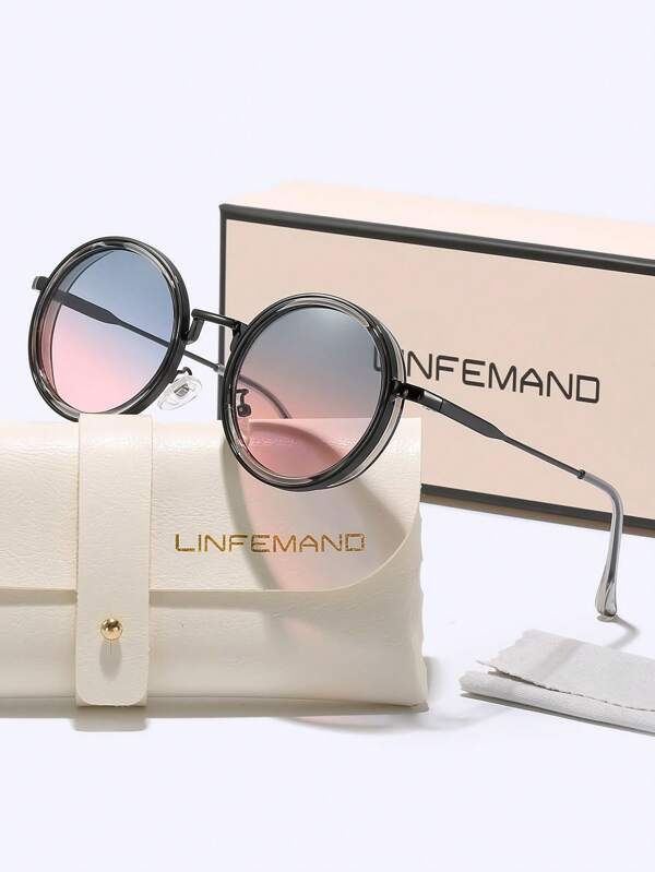 LINFEMAND LINFEMAND Vintage Ombre Okrągłe Dekoracyjne Modne Okulary Dla Kobiet, Idealne Na Imprezę, Street Snap, Prezent Na Święta