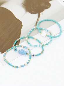 4 Bohemian Tropical Ocean Shell Small Fish Decorations Handmade Blue Beads Bracelet Women's Beach Vacation Party Jewelry