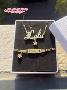 Zirconia Flower Customized Name Jewelry Set For Girl Personalized Nameplate Pendant Cute Necklace Bracelet Gift