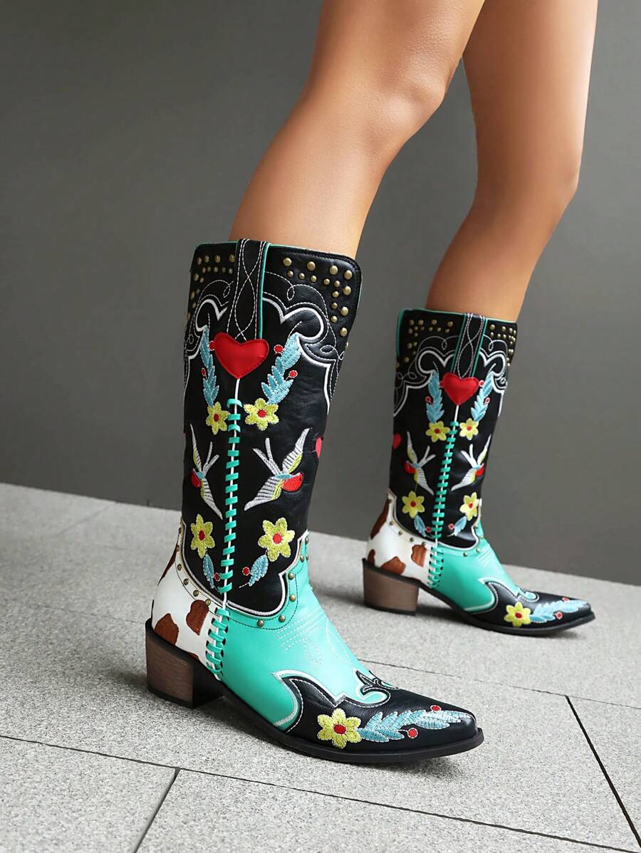 Vintage Embroidered Western Cowboy Boots With Chunky Heels, Mid-Calf, Rivet Contrast Color