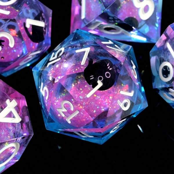 Set de 7 dados poliédricos de resina con diseño de gato, efecto líquido y bordes afilados, accesorios hechos a mano para juegos de rol, adecuados para Navidad, cumpleaños, festivales, fiestas, San Valentín, regalos, primavera