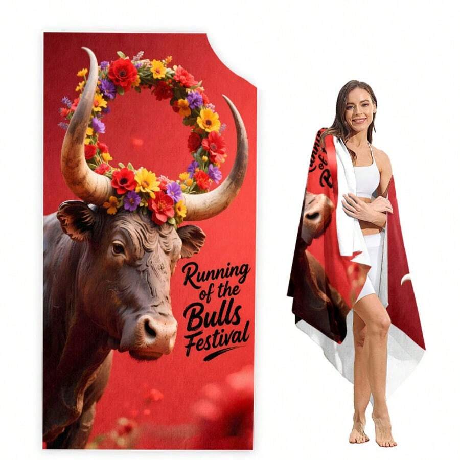 1 peça, macia e confortável, guirlanda floral espanhola de corrida de touros, design de touro, toalha de praia/banho, secagem rápida, sem areia, leve, cobertor multiuso, presente perfeito para família, amigos, todas as estações, piquenique, acampamento, academia