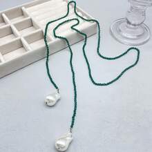时尚简约的绿色钻石形水晶巴洛克仿珍珠吊坠配珠子和长项链，散发出海滩风格，适合日常佩戴配饰 - 串珠長項鍊 - 查看 9