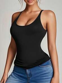 1pc Backless Casual Minimalist Sleeveless Loose Long Tank Top With Deep V Neckline - Black - View 6