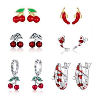WOSTU 1 par de Pendientes de plata de ley 925 con esmalte rojo en forma de pez, cereza y chile picante, con circonita cúbica, pendientes originales de joyería fina para mujer como regalo