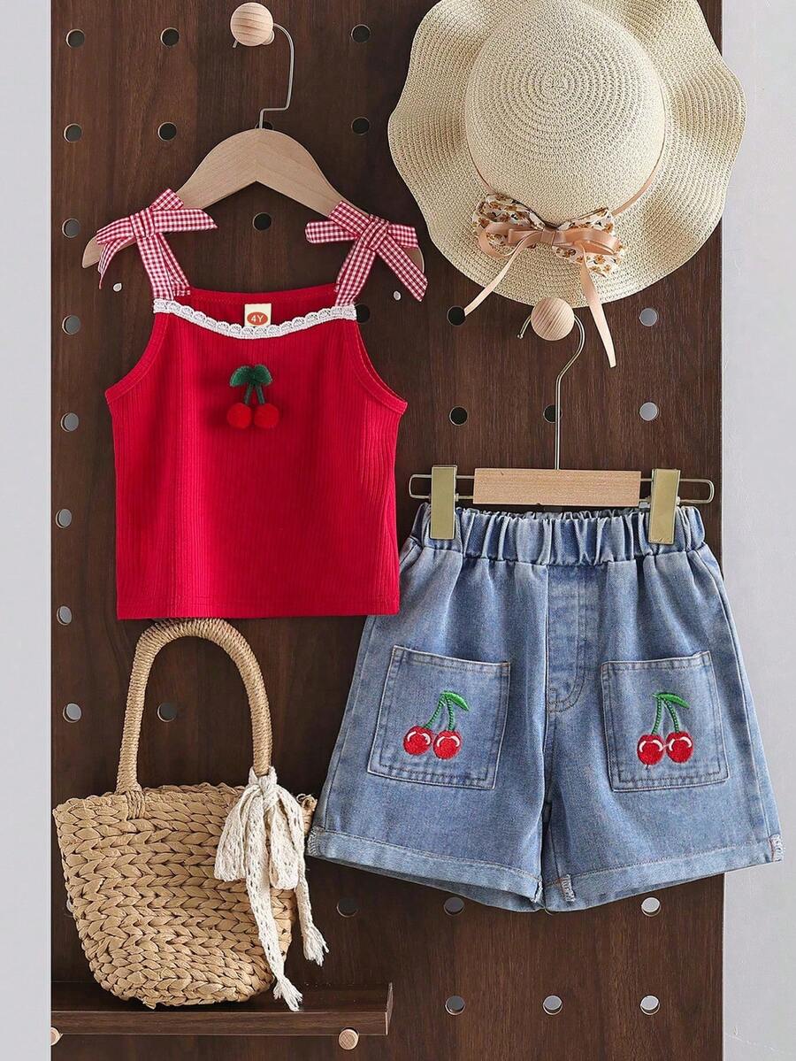 2件套少女樱桃吊坠时尚休闲背心+刺绣樱桃牛仔短裤