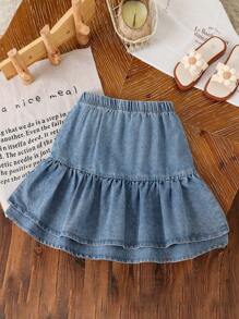 Girls' Casual Outdoor Denim Skirt With Ruffle Hem