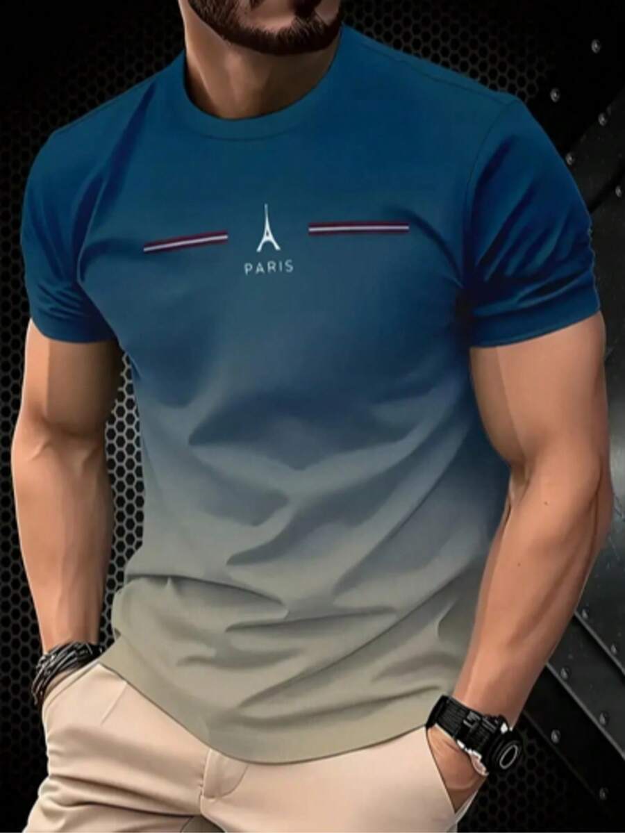 Áo thun nam in hình tháp Eiffel 3D Paris - Áo thun tay ngắn kiểu dáng thường ngày, áo thun mùa hè ngoài trời với thiết kế chuyển màu. - Nhiều màu - Xem 1