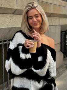 Off-Shoulder Sexy Striped Contrast Color Casual Loose Knit Pullover Top - Black and White - View 4