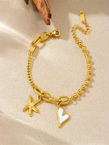 1 简约百搭不对称不锈钢链式手链，多种拼接方式，镀金海星白贝壳心形吊坠，女士珠宝