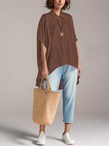 Women Button Front Short Sleeve Casual Blouse, Stylish High-Low Hem Solid Color Minimalist Design For Daily Wear - Brown - View 6