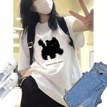 Street Y2K Aesthetic Design Cat Print Short Sleeve T-Shirt Women's Loose Casual Outerwear Summer Model - 白色 - 查看 1