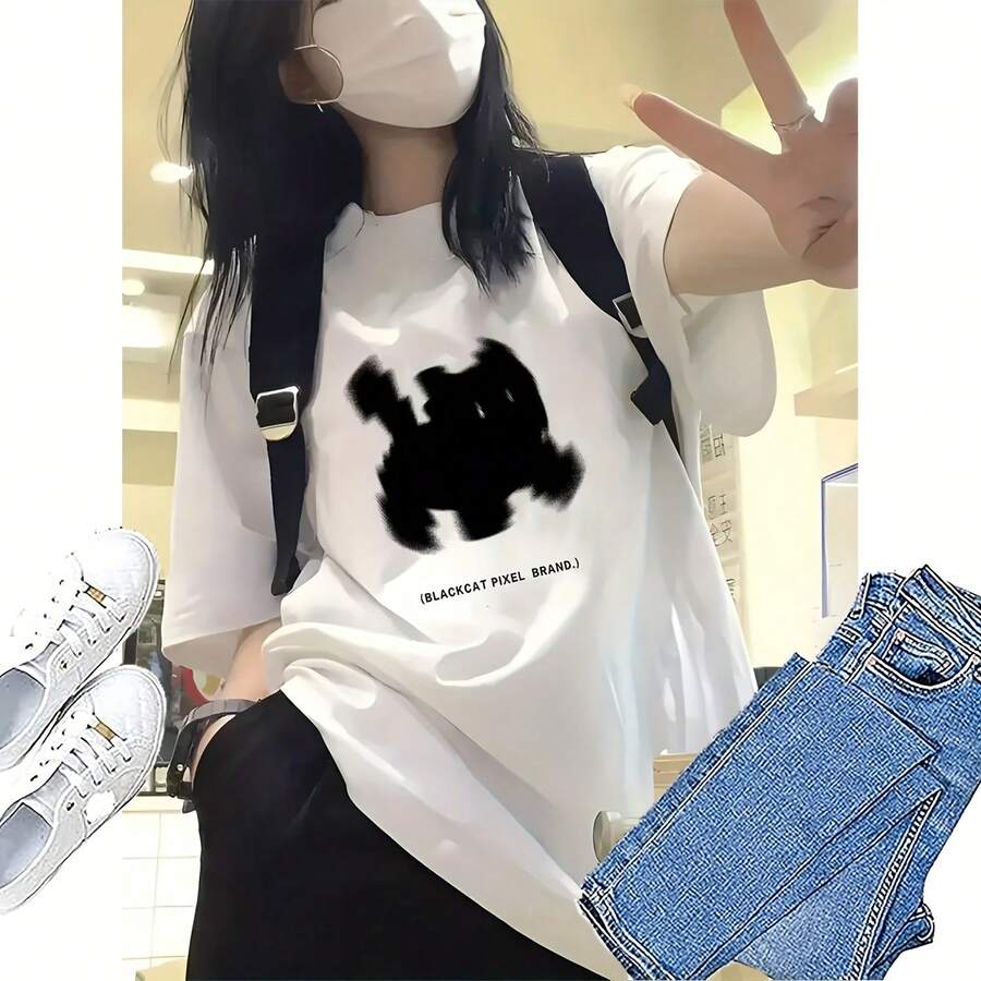 Street Y2K Aesthetic Design Cat Print Short Sleeve T-Shirt Women's Loose Casual Outerwear Summer Model - 白色 - 查看 1